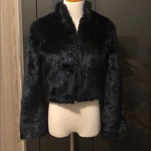 Bebe Blue Black Cropped Faux Fur Coat Jacket